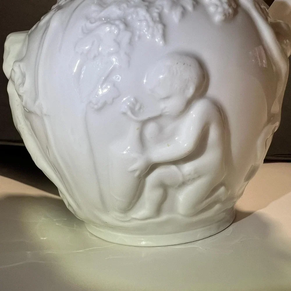 Vintage White Glass Cherub Pitcher Embossed Grape Vine Relief molded Victorian‎
